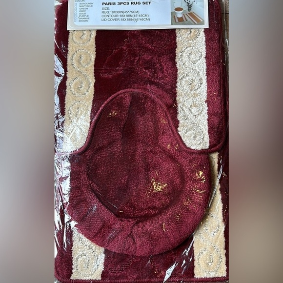 Burgundy 3pc Bathmat Set Non-Slip Absorbent mat -contour Rugs, Toilet cover - Picture 9 of 13